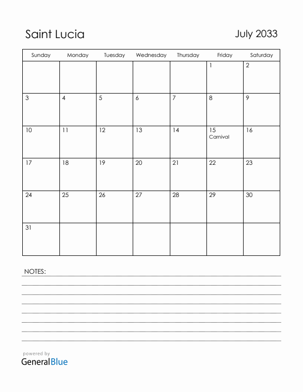 July 2033 Saint Lucia Calendar with Holidays (Sunday Start)