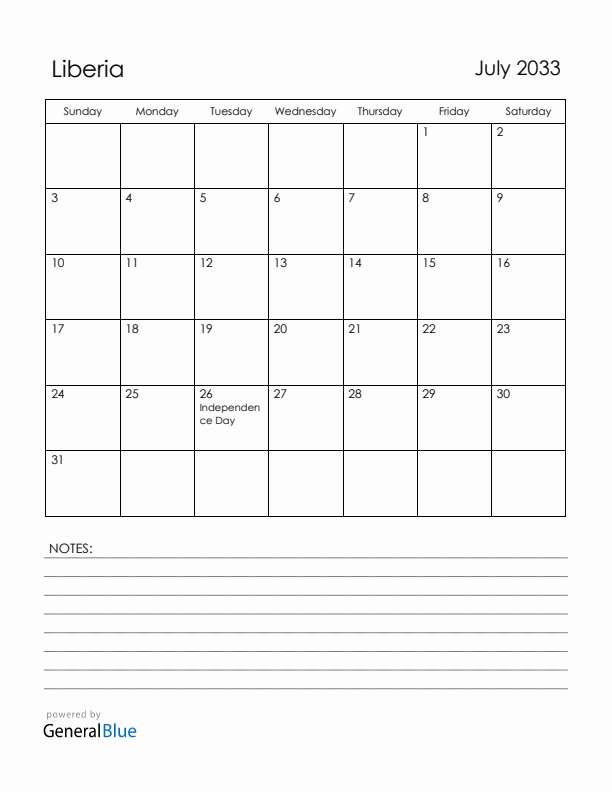 July 2033 Liberia Calendar with Holidays (Sunday Start)