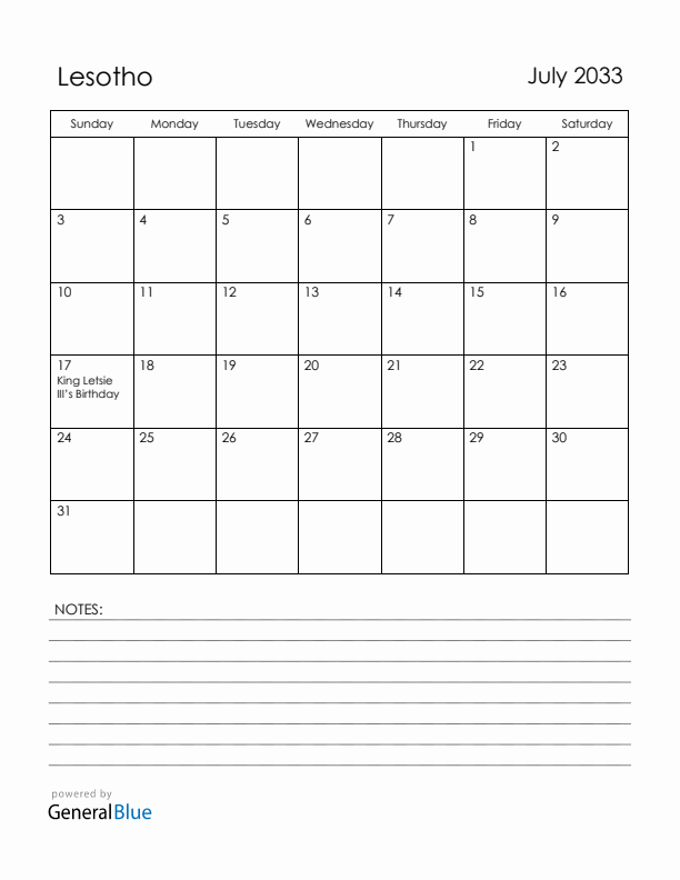July 2033 Lesotho Calendar with Holidays (Sunday Start)