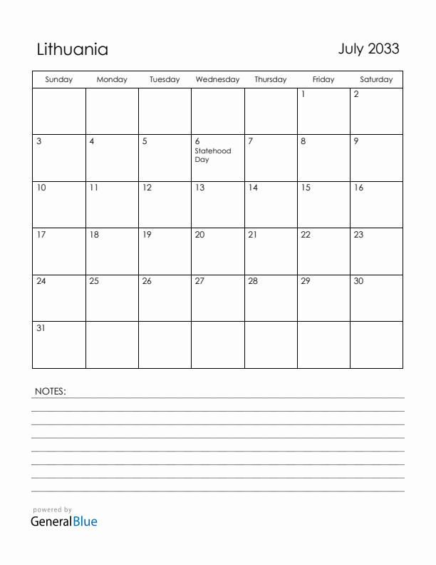 July 2033 Lithuania Calendar with Holidays (Sunday Start)