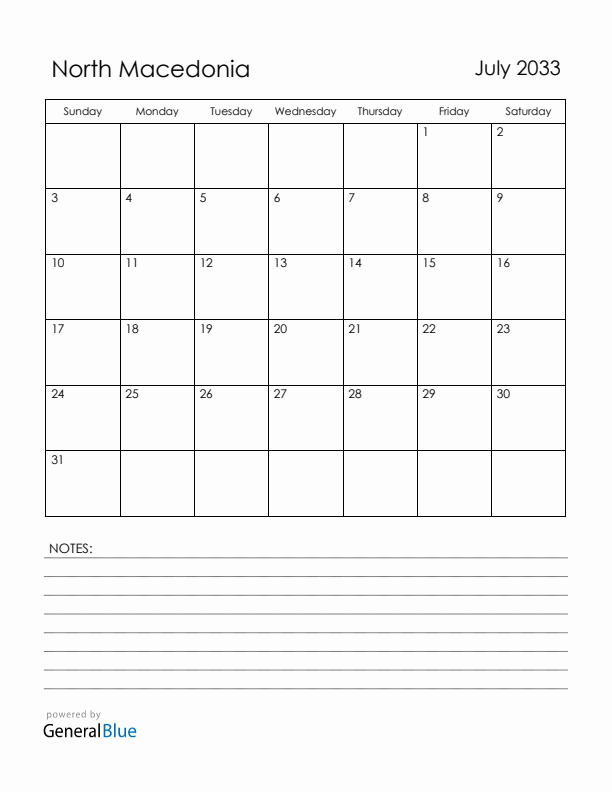 July 2033 North Macedonia Calendar with Holidays (Sunday Start)