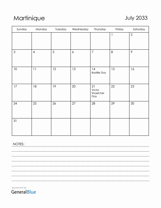 July 2033 Martinique Calendar with Holidays (Sunday Start)
