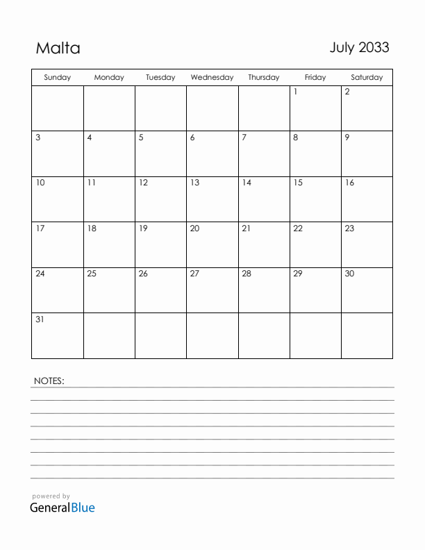 July 2033 Malta Calendar with Holidays (Sunday Start)