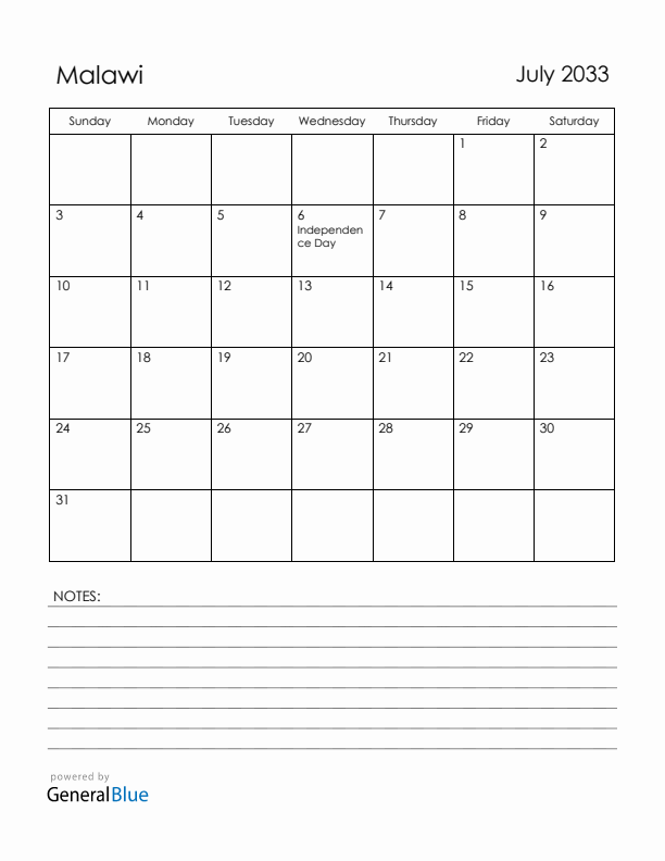 July 2033 Malawi Calendar with Holidays (Sunday Start)
