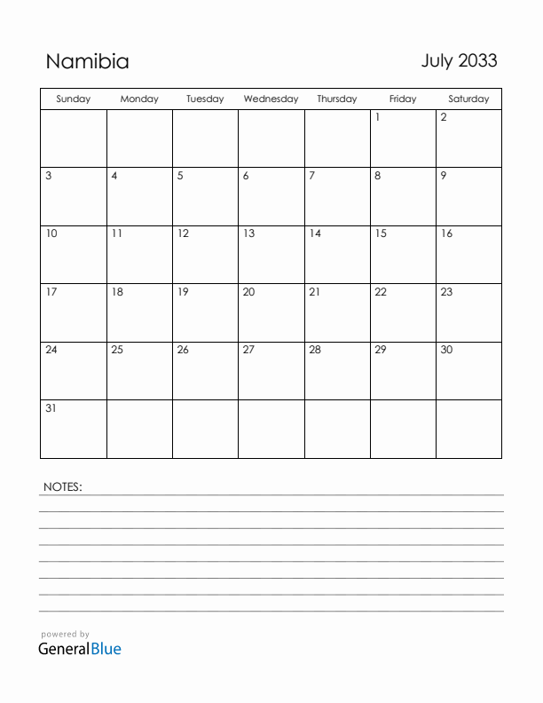 July 2033 Namibia Calendar with Holidays (Sunday Start)