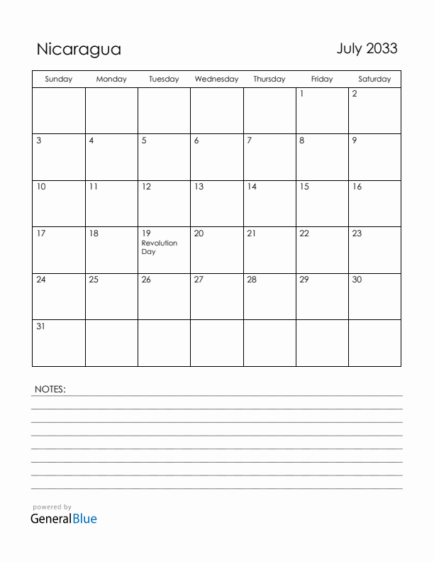 July 2033 Nicaragua Calendar with Holidays (Sunday Start)