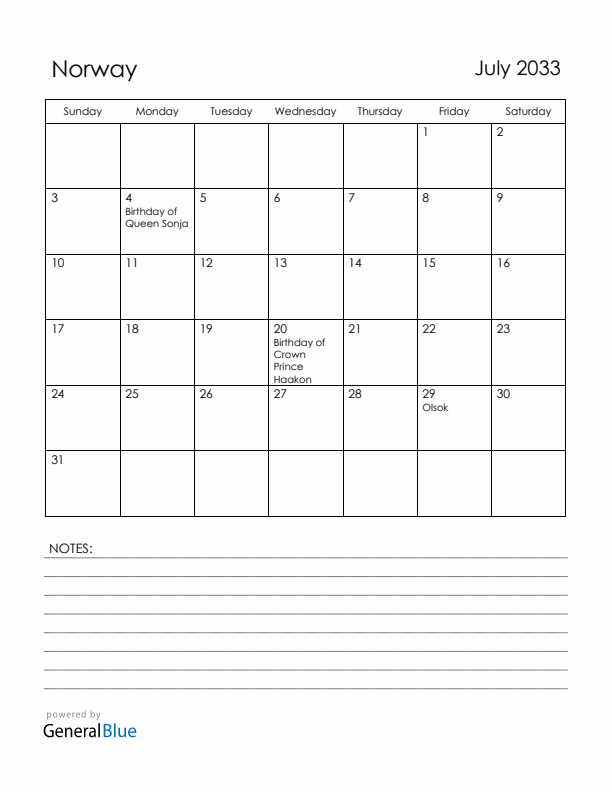 July 2033 Norway Calendar with Holidays (Sunday Start)