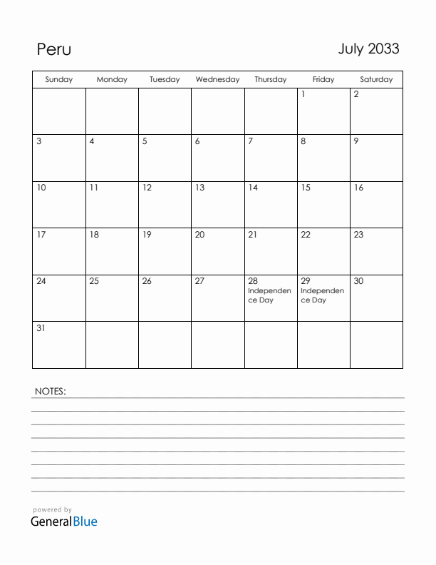 July 2033 Peru Calendar with Holidays (Sunday Start)