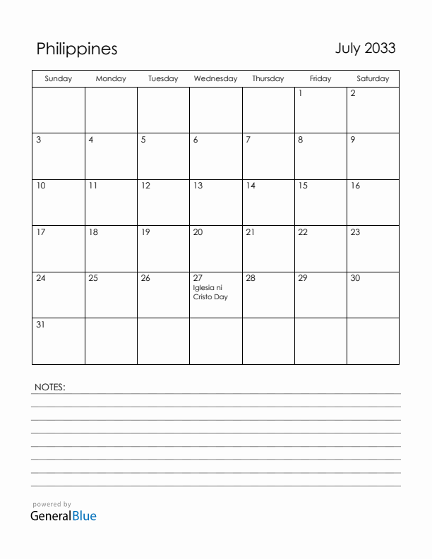 July 2033 Philippines Calendar with Holidays (Sunday Start)