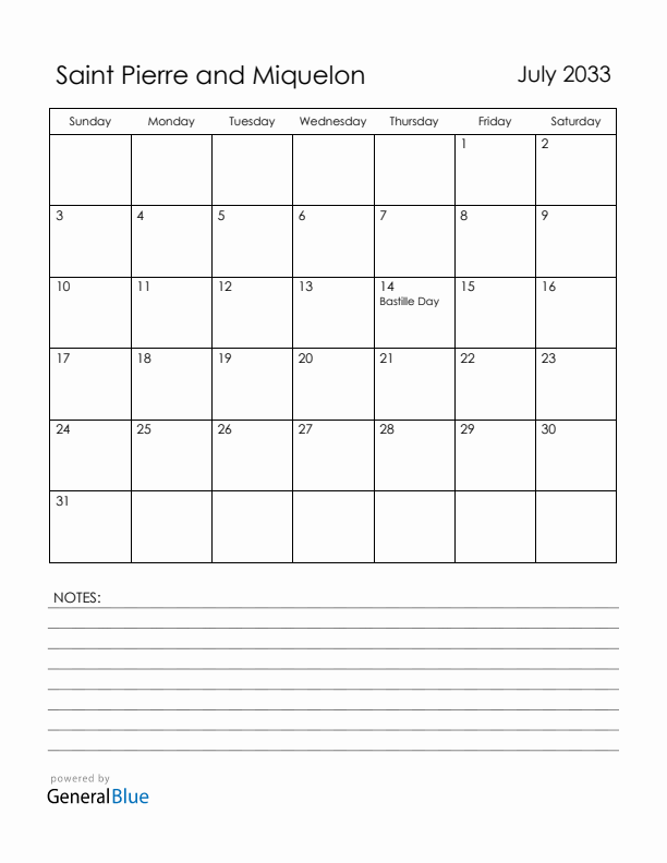 July 2033 Saint Pierre and Miquelon Calendar with Holidays (Sunday Start)