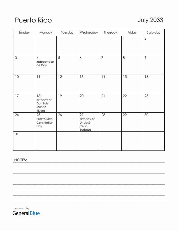 July 2033 Puerto Rico Calendar with Holidays (Sunday Start)
