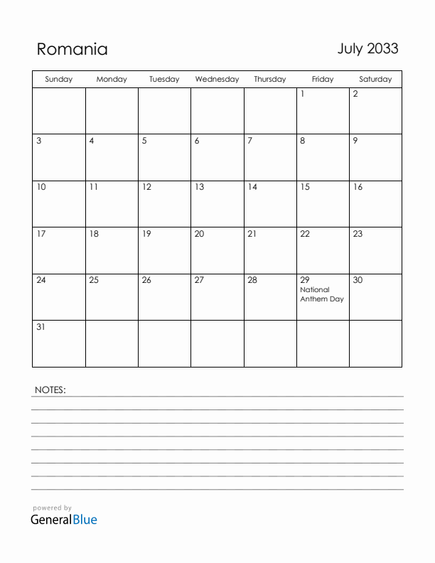 July 2033 Romania Calendar with Holidays (Sunday Start)