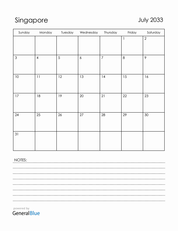 July 2033 Singapore Calendar with Holidays (Sunday Start)