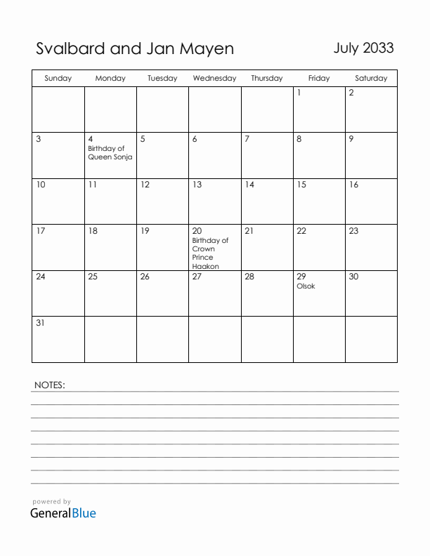 July 2033 Svalbard and Jan Mayen Calendar with Holidays (Sunday Start)