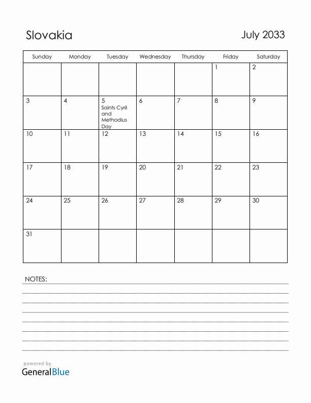 July 2033 Slovakia Calendar with Holidays (Sunday Start)