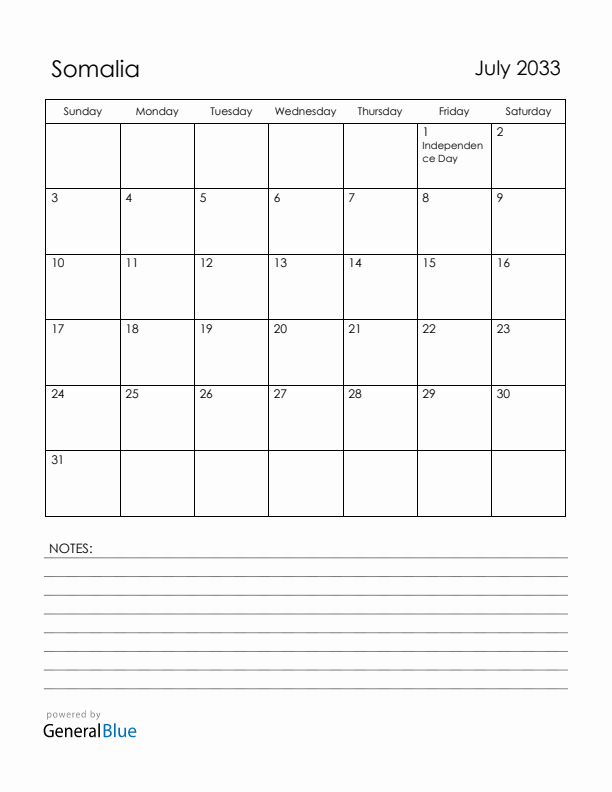 July 2033 Somalia Calendar with Holidays (Sunday Start)