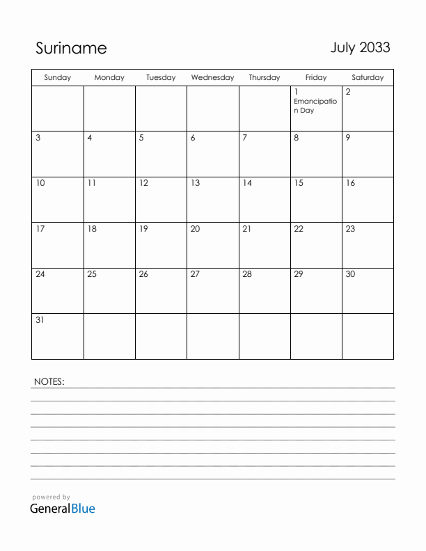 July 2033 Suriname Calendar with Holidays (Sunday Start)