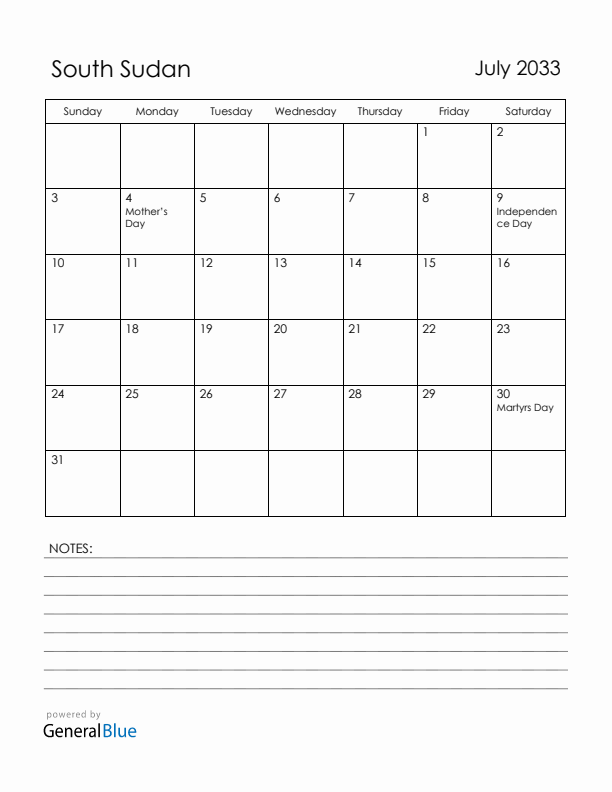 July 2033 South Sudan Calendar with Holidays (Sunday Start)
