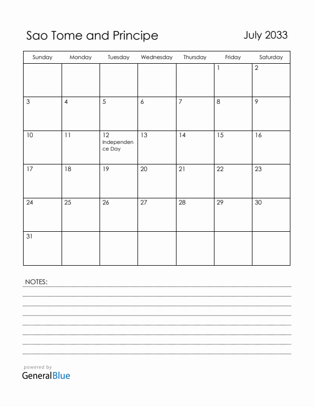 July 2033 Sao Tome and Principe Calendar with Holidays (Sunday Start)
