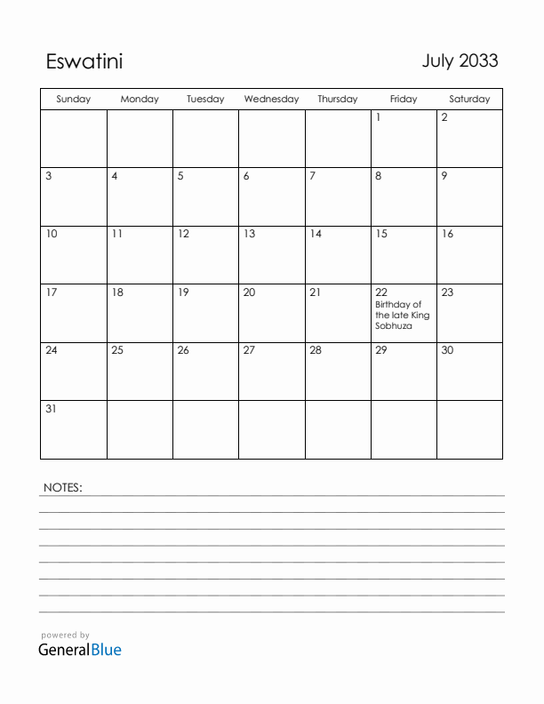 July 2033 Eswatini Calendar with Holidays (Sunday Start)