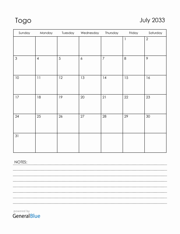 July 2033 Togo Calendar with Holidays (Sunday Start)