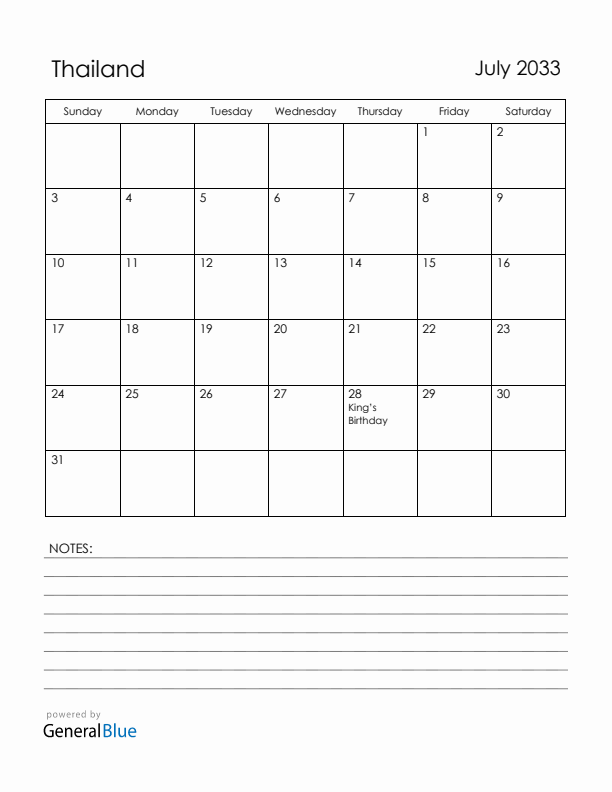 July 2033 Thailand Calendar with Holidays (Sunday Start)