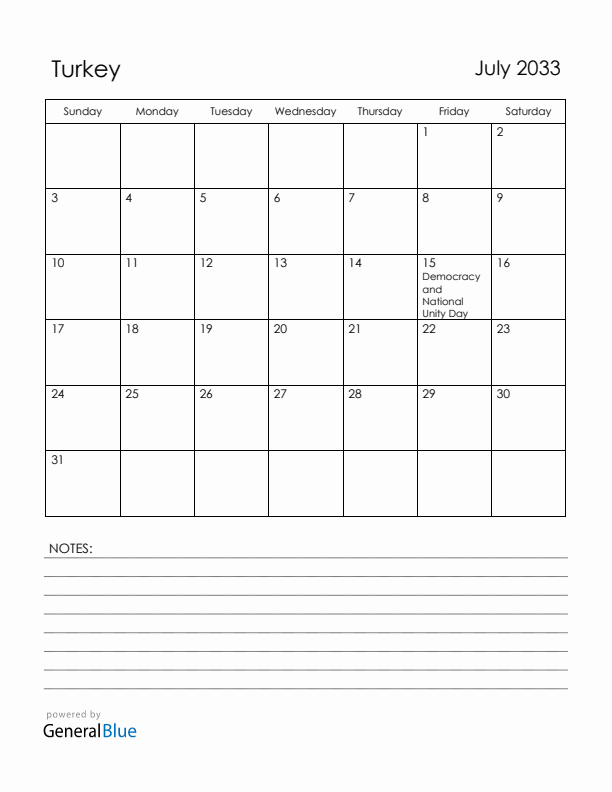 July 2033 Turkey Calendar with Holidays (Sunday Start)