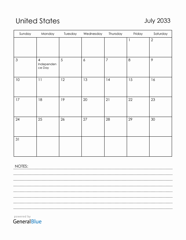 July 2033 United States Calendar with Holidays (Sunday Start)
