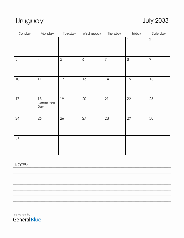 July 2033 Uruguay Calendar with Holidays (Sunday Start)