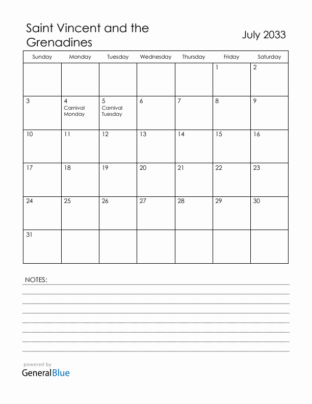 July 2033 Saint Vincent and the Grenadines Calendar with Holidays (Sunday Start)