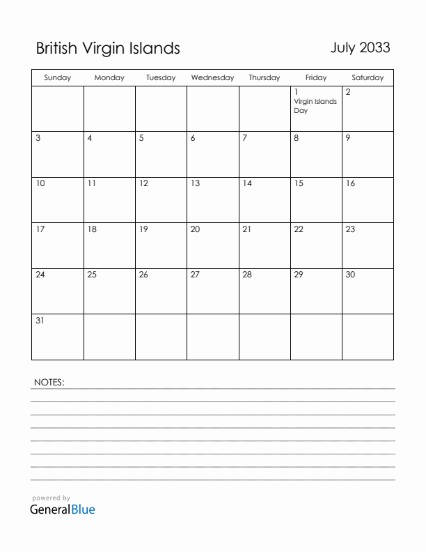 July 2033 British Virgin Islands Calendar with Holidays (Sunday Start)