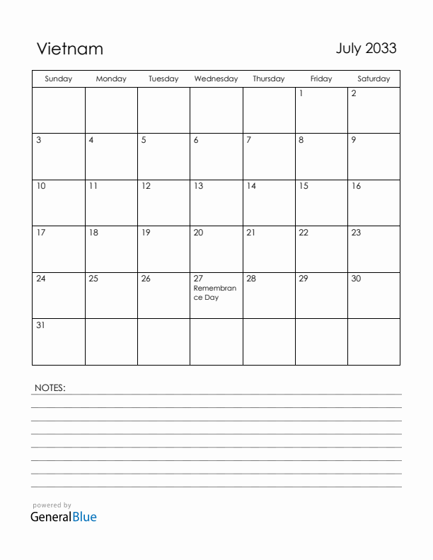 July 2033 Vietnam Calendar with Holidays (Sunday Start)