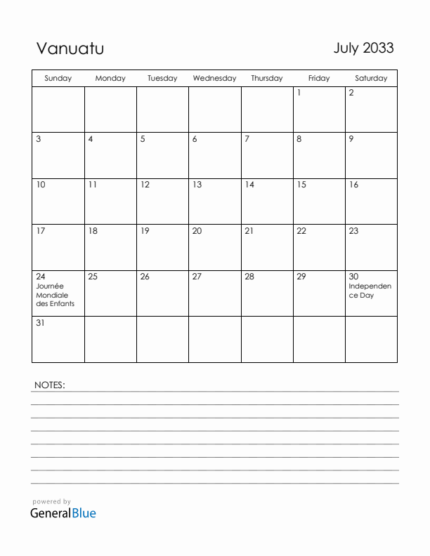 July 2033 Vanuatu Calendar with Holidays (Sunday Start)