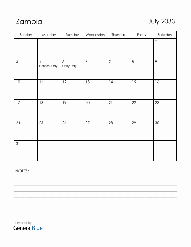 July 2033 Zambia Calendar with Holidays (Sunday Start)