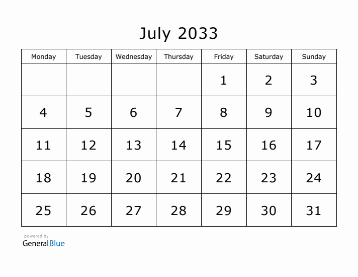 Printable July 2033 Calendar - Monday Start