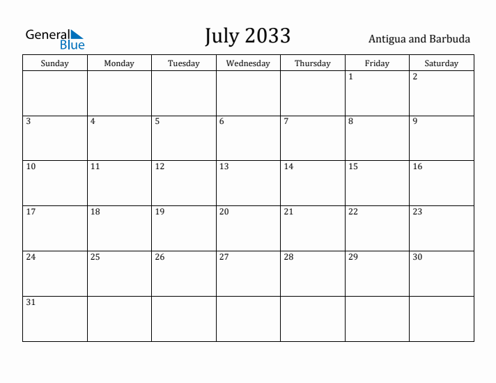July 2033 Calendar Antigua and Barbuda