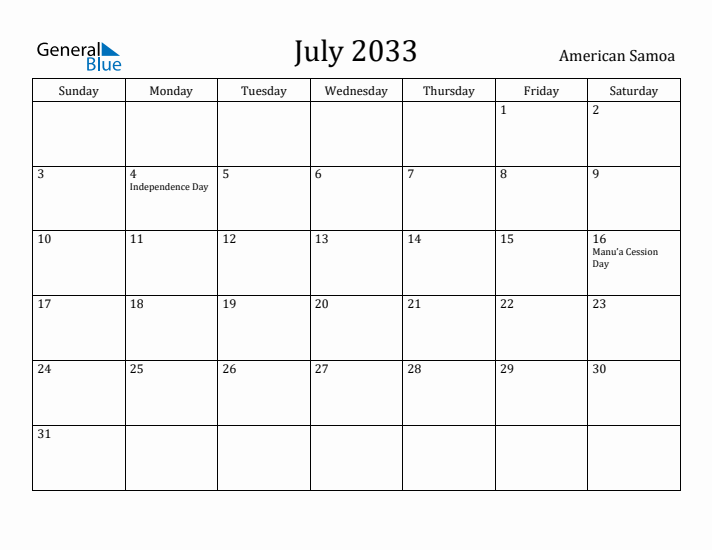 July 2033 Calendar American Samoa