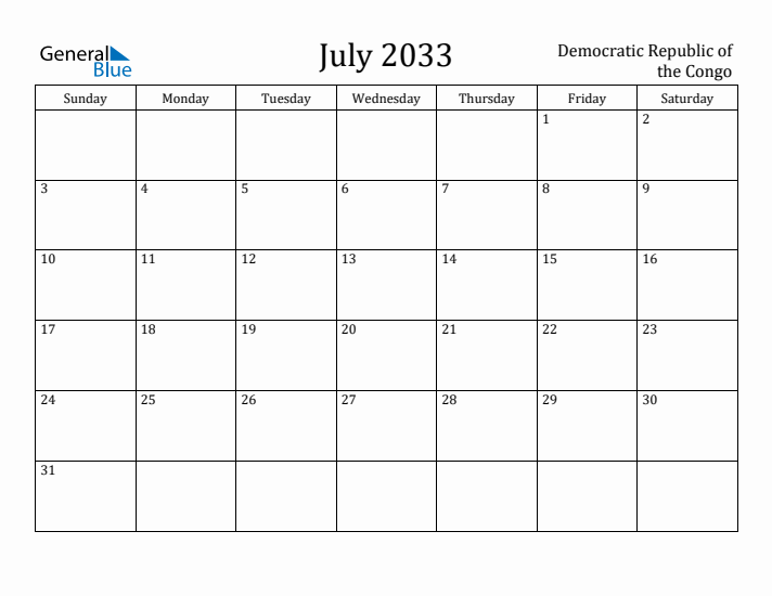 July 2033 Calendar Democratic Republic of the Congo