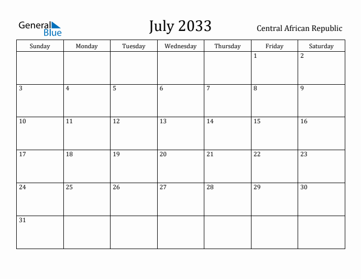 July 2033 Calendar Central African Republic