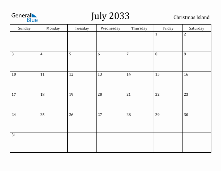 July 2033 Calendar Christmas Island
