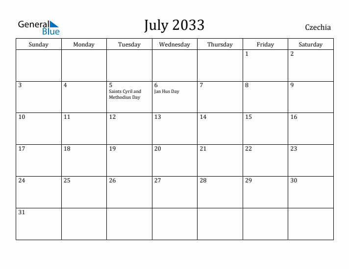 July 2033 Calendar Czechia