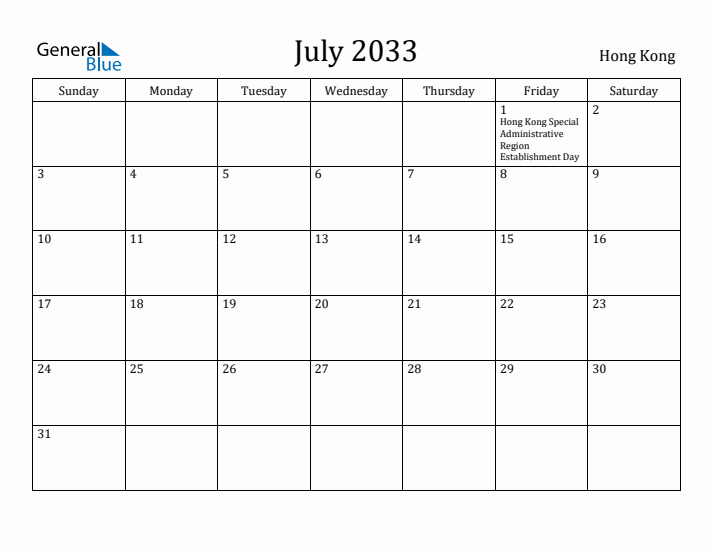 July 2033 Calendar Hong Kong