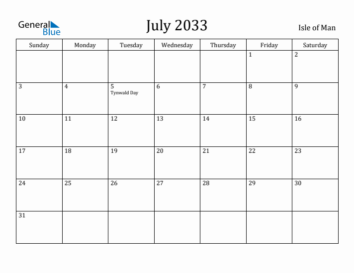 July 2033 Calendar Isle of Man