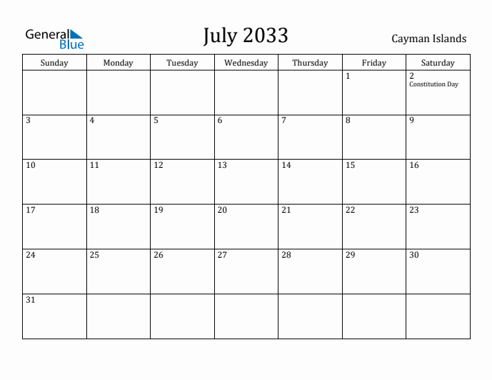 July 2033 Calendar Cayman Islands