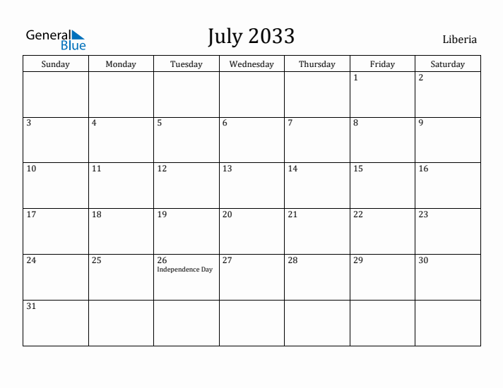 July 2033 Calendar Liberia