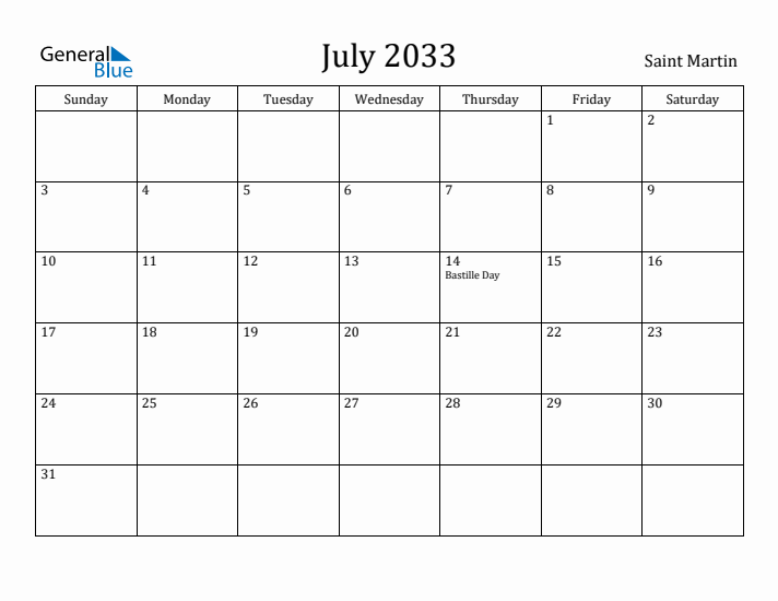 July 2033 Calendar Saint Martin