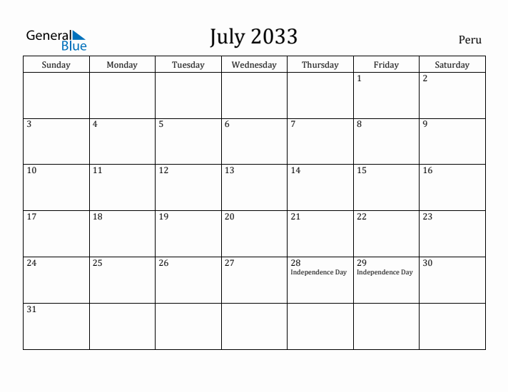 July 2033 Calendar Peru
