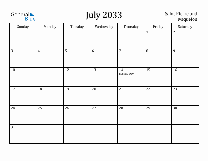 July 2033 Calendar Saint Pierre and Miquelon
