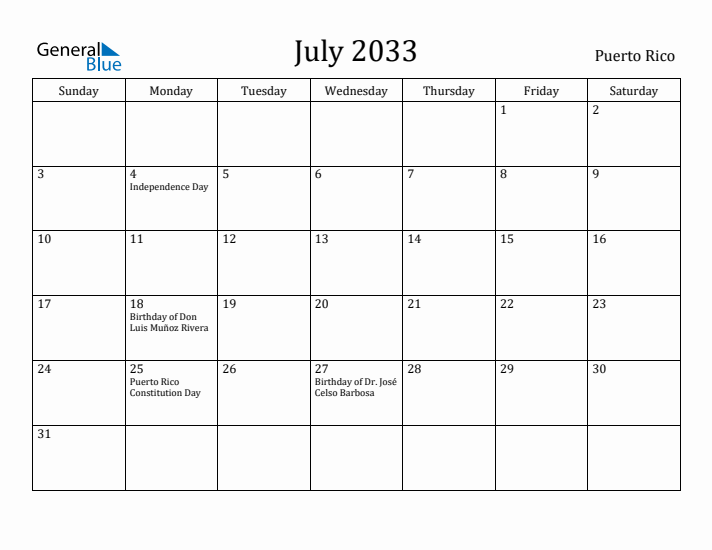 July 2033 Calendar Puerto Rico