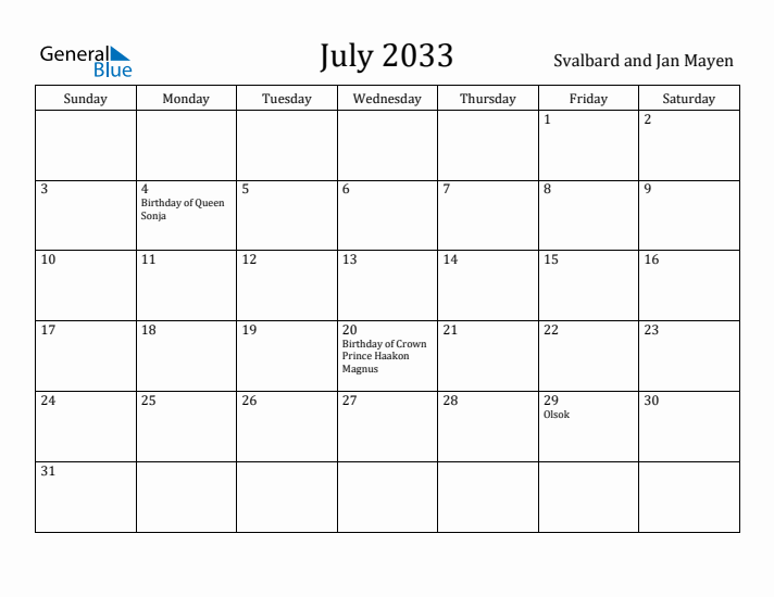 July 2033 Calendar Svalbard and Jan Mayen